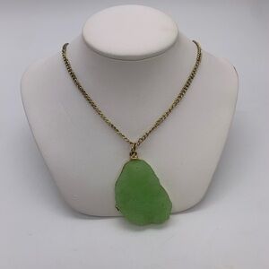 Long Vintage BOHO Necklace With Lime Green Geode Crystal Pendant 34”
